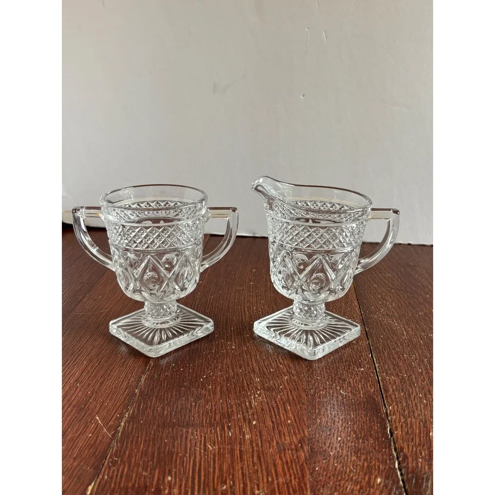 Imperial Glass Cape Cod Clear Pressed Glass Creamer and Sugar Bowl Set Vintage